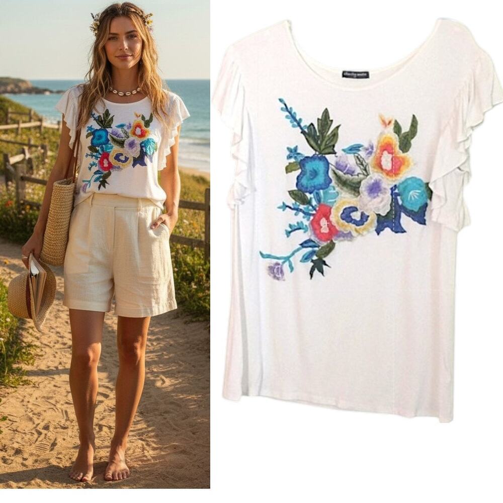 Embroidered Cottagecore Floral Top Sz PS White Flutter Sleeve Stretch Knit Boho